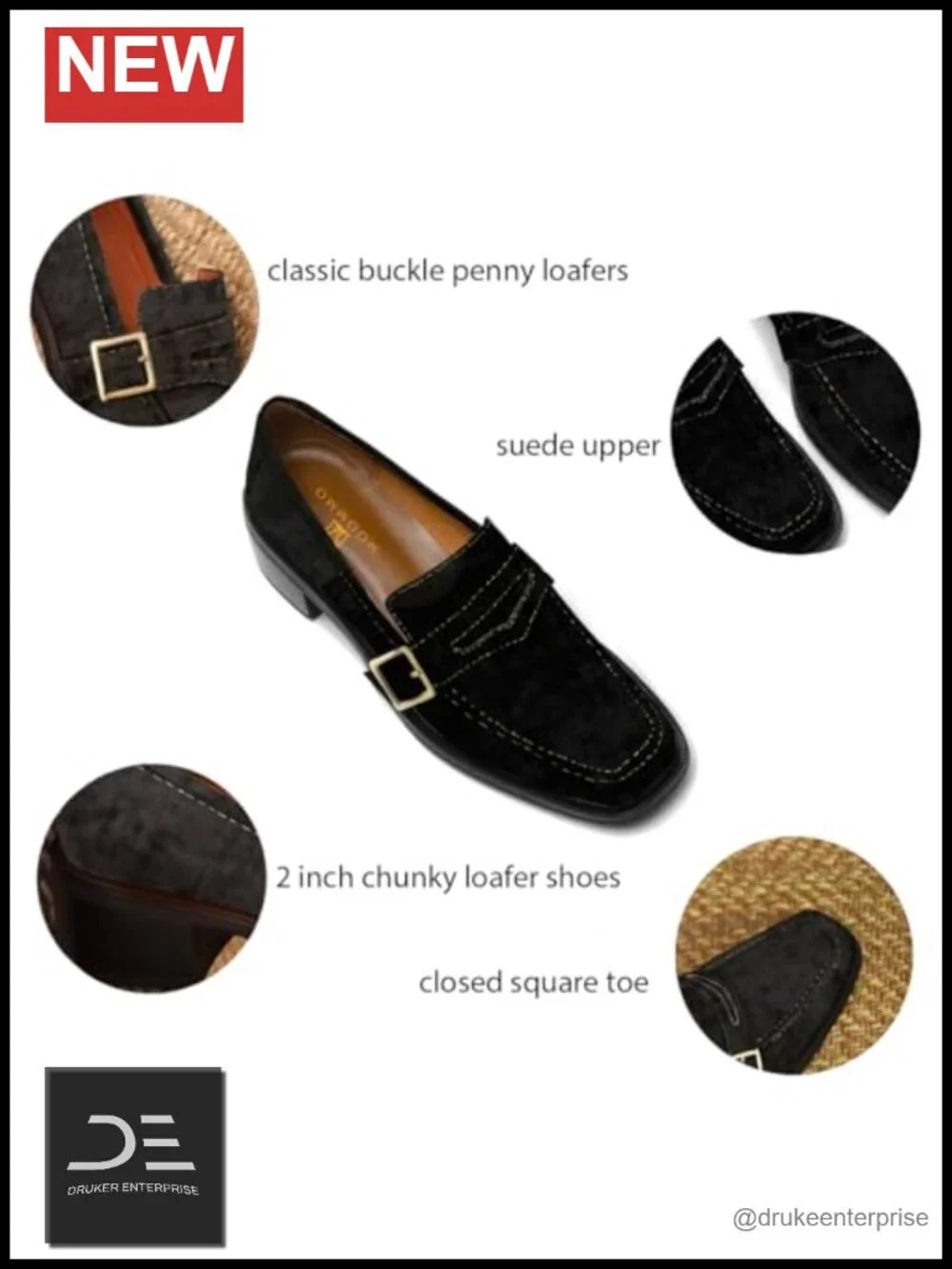 Women's Chunky Heel Square Toe Loafers Patent Leather Slip On